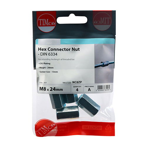 Timco Hex Connector Nuts - Zinc M8 - 4 Pieces