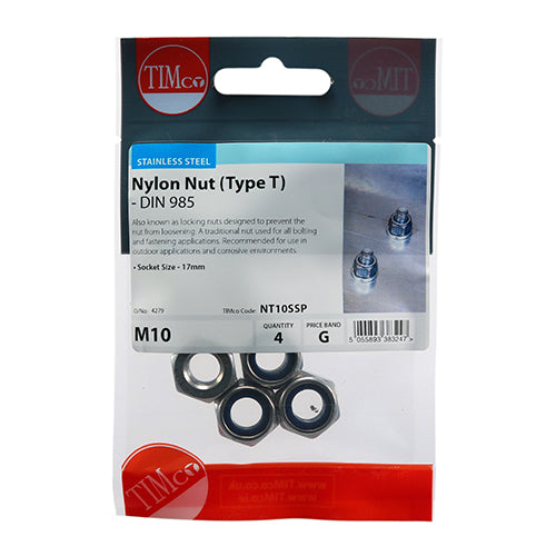 Timco Nylon Nuts - Type T - Stainless Steel M10 - 4 Pieces