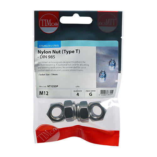 Timco Nylon Nuts - Type T - Stainless Steel M12 - 4 Pieces