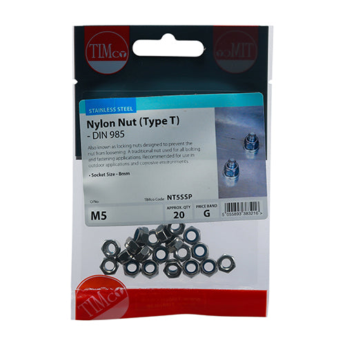 Timco Nylon Nuts - Type T - Stainless Steel M5 - 20 Pieces