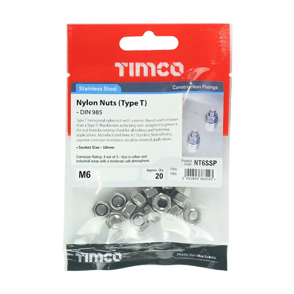 Timco Nylon Nuts - Type T - Stainless Steel M6 - 20 Pieces