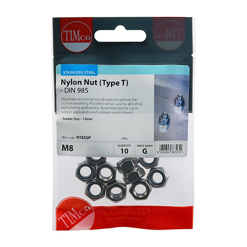 Timco Nylon Nuts - Type T - Stainless Steel M8 - 10 Pieces