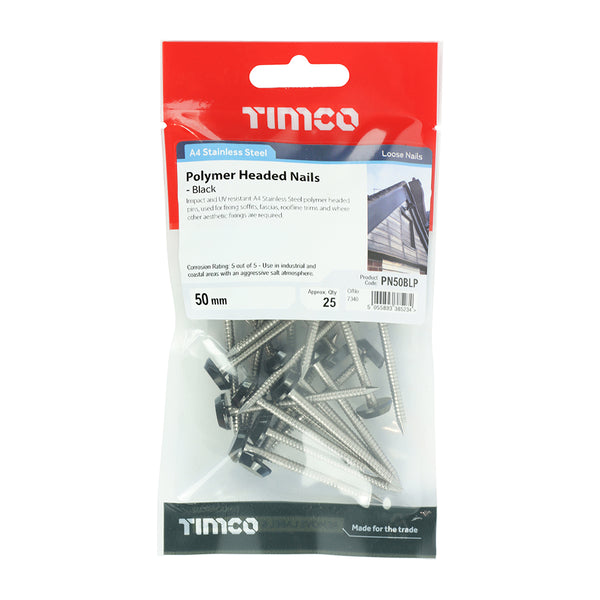 Timco Polymer Headed Pins - Stainless Steel - Black 50mm - 25 Pieces