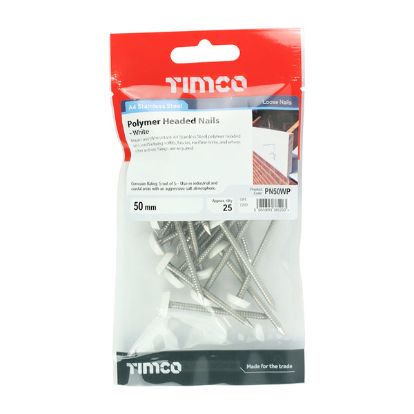 Timco Polymer Headed Pins - Stainless Steel - White 50mm - 25 Pieces