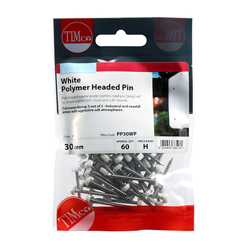 Timco Polymer Headed Pins - Stainless Steel - White 30mm - 60 Pieces