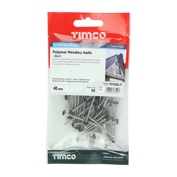 Timco Polymer Headed Pins - Stainless Steel - Black 40mm - 50 Pieces