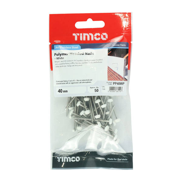 Timco Polymer Headed Pins - Stainless Steel - White 40mm - 50 Pieces