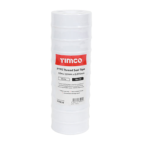 Timco PTFE Thread Seal Tape 12m x 12mm - 10 Pieces