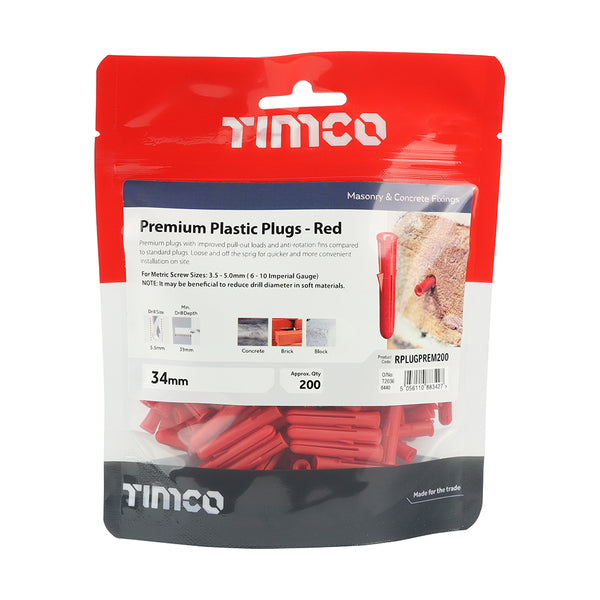 Timco Premium Plastic Plugs - Red 34mm - 200 Pieces