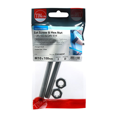 Timco Set Screws & Hex Nuts - Stainless Steel M10 x 100