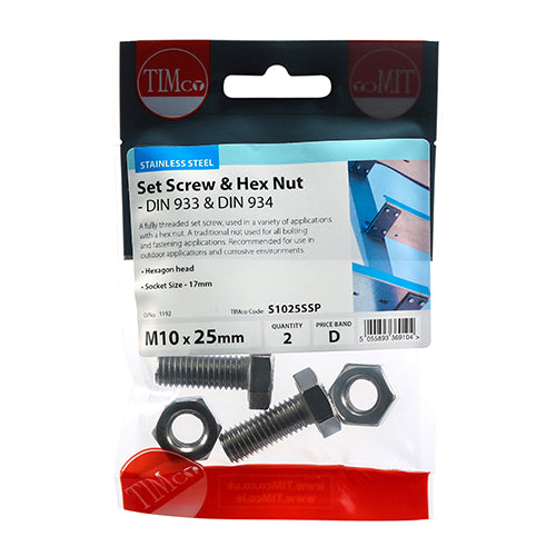 Timco Set Screws & Hex Nuts - Stainless Steel M10 x 25