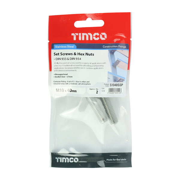 Timco Set Screws & Hex Nuts - Stainless Steel M10 x 40