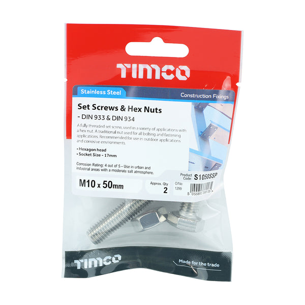 Timco Set Screws & Hex Nuts - Stainless Steel M10 x 50