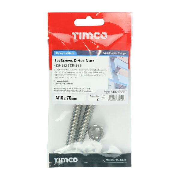 Timco Set Screws & Hex Nuts - Stainless Steel M10 x 70