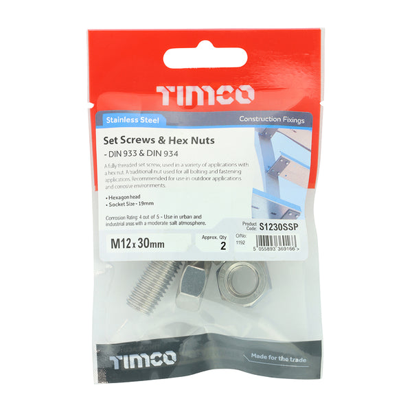 Timco Set Screws & Hex Nuts - Stainless Steel M12 x 30