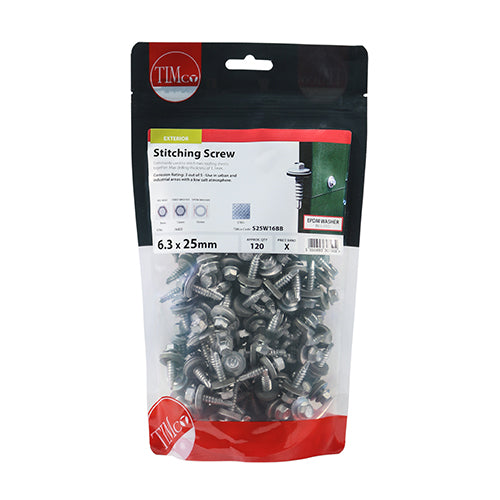 Timco Stitching Screws - Hex - For Sheet Steel - Exterior - Silver - With EPDM Washer 6.3 x 25 - 120 Pieces
