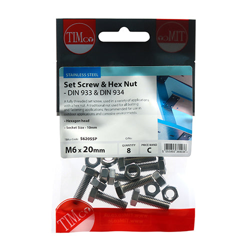 Timco Set Screws & Hex Nuts - Stainless Steel M6 x 20 - 8 Pieces