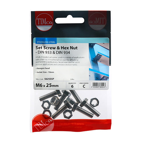 Timco Set Screws & Hex Nuts - Stainless Steel M6 x 25 - 6 Pieces