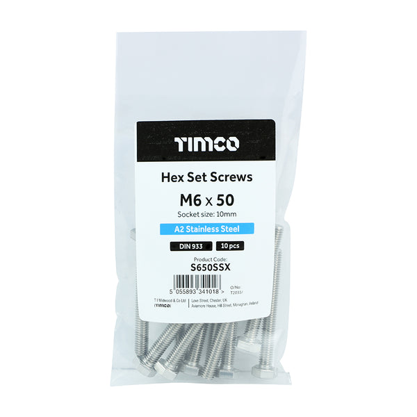 Timco Hex Set Screws - A2 Stainless Steel M6 x 50 - 10 Pieces