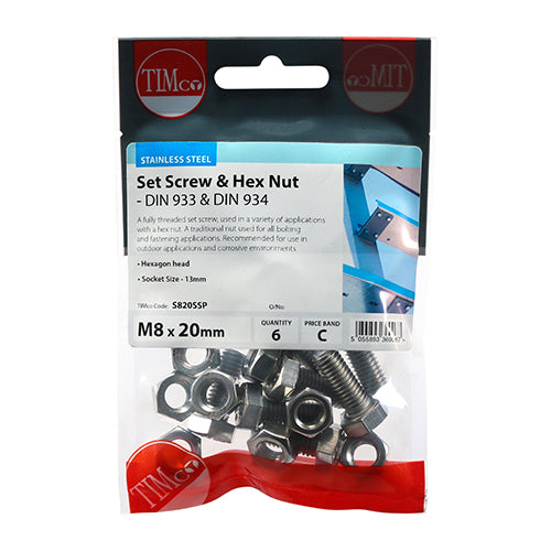 Timco Set Screws & Hex Nuts - Stainless Steel M8 x 20 - 6 Pieces