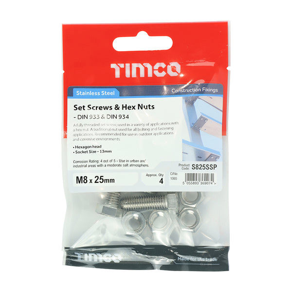 Timco Set Screws & Hex Nuts - Stainless Steel M8 x 25 - 4 Pieces