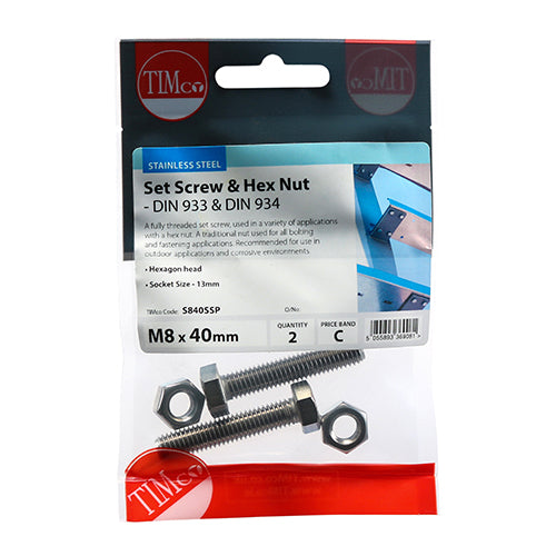 Timco Set Screws & Hex Nuts - Stainless Steel M8 x 40