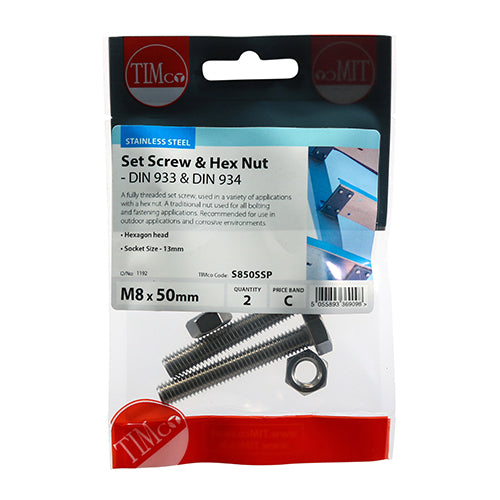 Timco Set Screws & Hex Nuts - Stainless Steel M8 x 50