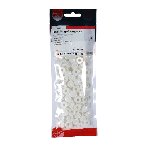 Timco Hinged Screw Caps - Small - White To fit 3.0 to 4.5 Screw - 100 Pieces