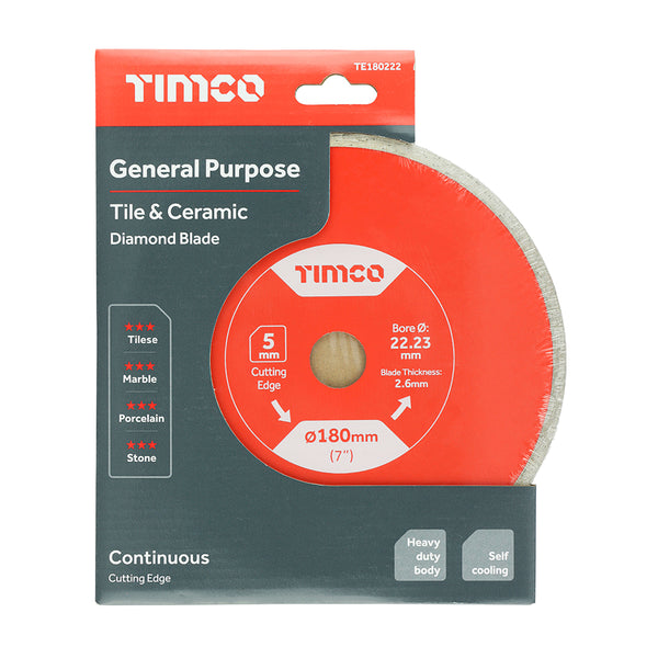Timco General Purpose Tile & Ceramic Diamond Blade - Continuous 180 x 22.2