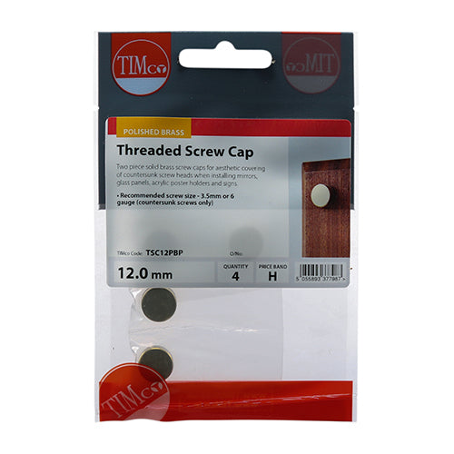 Timco Threaded Screw Caps - Solid Brass - Polished Brass 12mm - 4 Pieces