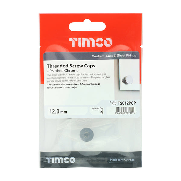 Timco Threaded Screw Caps - Solid Brass - Polished Chrome 12mm - 4 Pieces