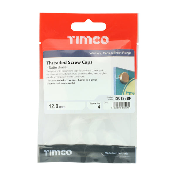 Timco Threaded Screw Caps - Solid Brass - Satin 12mm - 4 Pieces