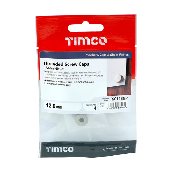Timco Threaded Screw Caps - Solid Brass - Satin Nickel 12mm - 4 Pieces