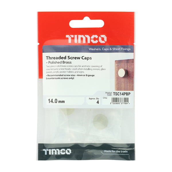 Timco Threaded Screw Caps - Solid Brass - Polished Brass 14mm - 4 Pieces