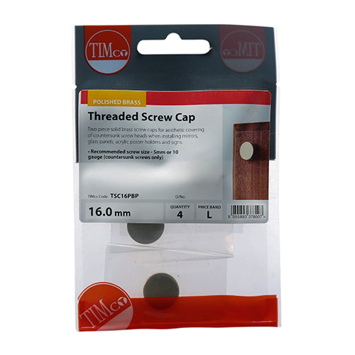 Timco Threaded Screw Caps - Solid Brass - Polished Brass 16mm - 4 Pieces