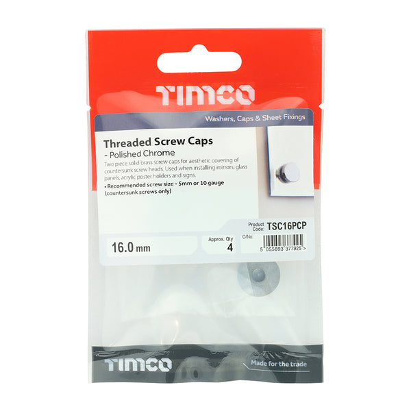 Timco Threaded Screw Caps - Solid Brass - Polished Chrome 16mm - 4 Pieces
