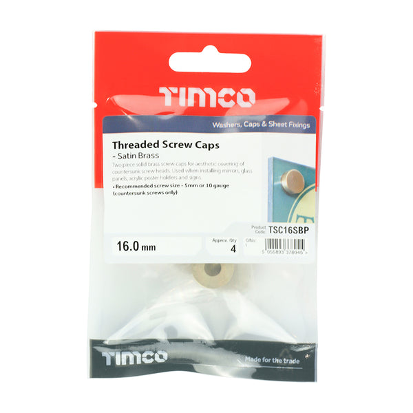 Timco Threaded Screw Caps - Solid Brass - Satin 16mm - 4 Pieces
