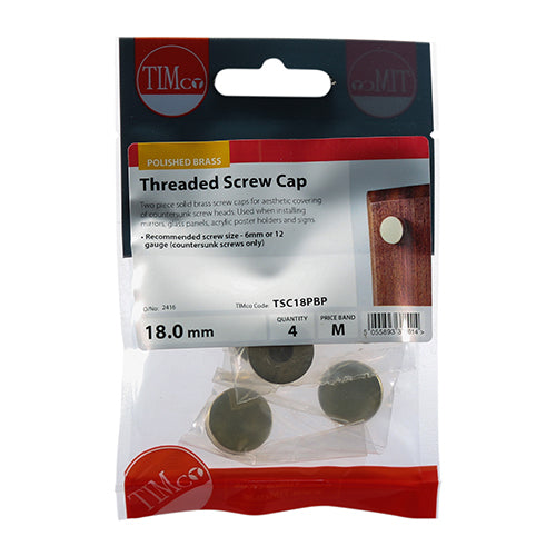 Timco Threaded Screw Caps - Solid Brass - Polished Brass 18mm - 4 Pieces