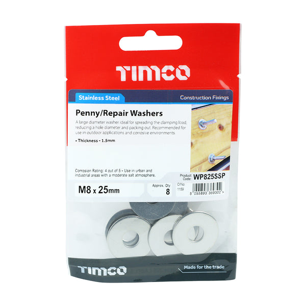 Timco Penny / Repair Washers - Stainless Steel M8 x 25 - 8 Pieces