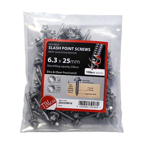 Timco Slash Point Screws - Hex - For Timber - Zinc - with EPDM Washer 6.3 x 25 - 100 Pieces