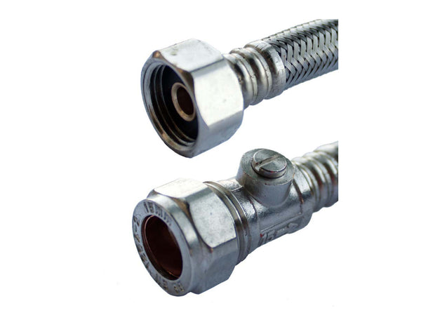 Oracstar Flexible Tap Connector with Isolating Valve 15mm x 1/2inch x 300mm Chrome Plated PF97