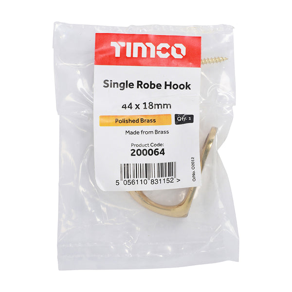 Timco Single Robe Hook - Polished Brass 44 x 18mm