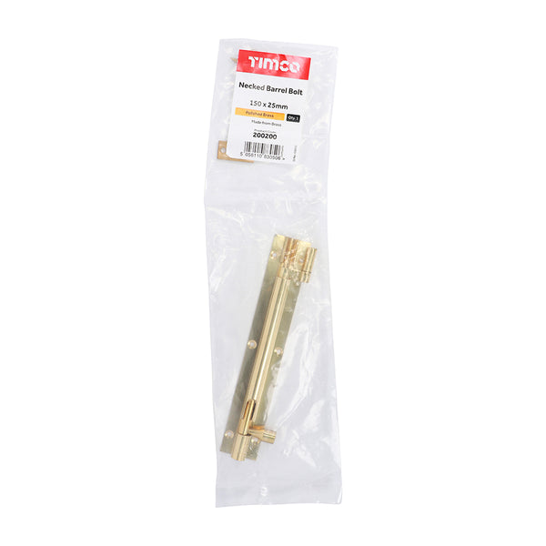 Timco Necked Barrel Bolt - Polished Brass 150 x 25mm