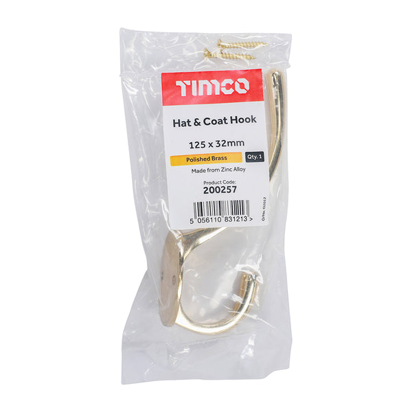 Timco Hat & Coat Hook - Polished Brass 125 x 32mm