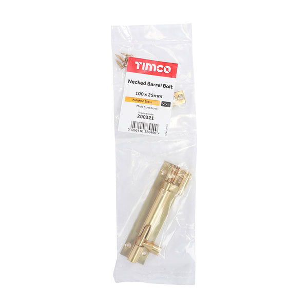 Timco Necked Barrel Bolt - Polished Brass 100 x 25mm