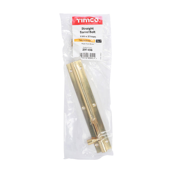 Timco Straight Barrel Bolt - Polished Brass 150 x 25mm