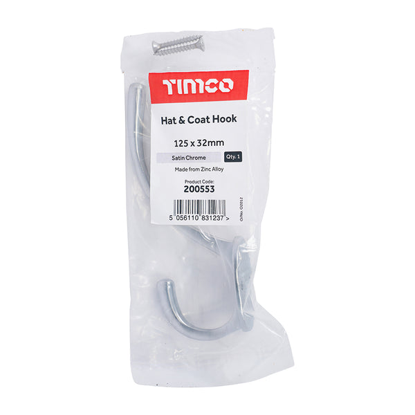 Timco Hat & Coat Hook - Satin Chrome 125 x 32mm