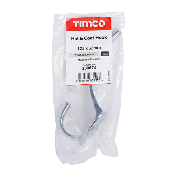 Timco Hat & Coat Hook - Polished Chrome 125 x 32mm