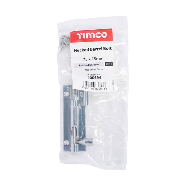 Timco Necked Barrel Bolt - Polished Chrome 75 x 25mm