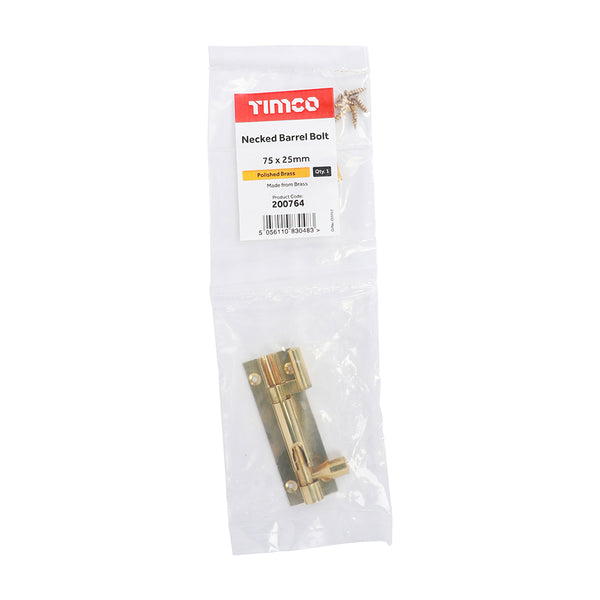 Timco Necked Barrel Bolt - Polished Brass 75 x 25mm